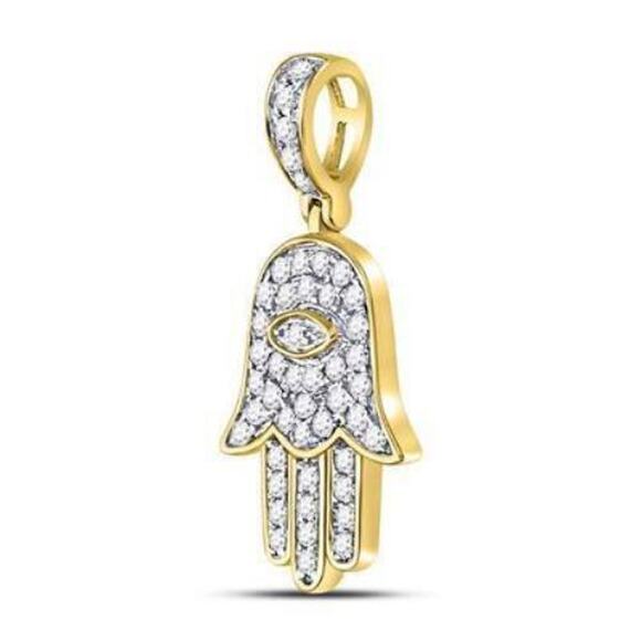0.25cttw Diamond Hamsa Fatima Hand Pendant 10k Gold Charm - Picture 1 of 3